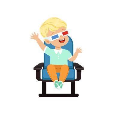 Mavi bir sandalyede oturuyor ve sinema vektör çizim 3d film izlerken 3d gözlük gülümseyen çocuğu mutlu