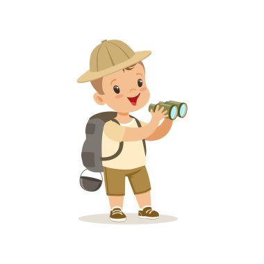 İzci kostüm açık hava kamp etkinliği vektör çizim sırt çantası ve dürbün, şirin küçük çocuk