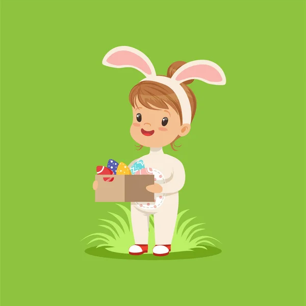 Beautiful little girl with bunny ears and rabbit costume holding box of painted eggs, kid having fun on Easter egg hunt vector Illustration — Stock Vector