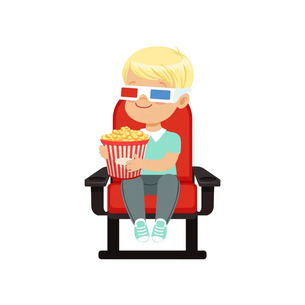 Schattige blonde kleine jongen in 3d bril zittend op een rode stoel en kijken naar 3D-film in de bioscoop vector illustratie — Stockvector
