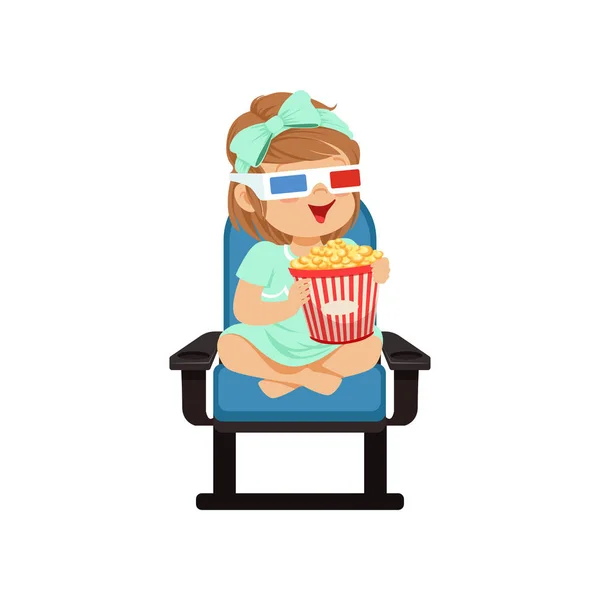 Mooie meisje in 3d bril zittend op een blauwe stoel, popcorn eten en kijken naar 3D-film in de bioscoop vector illustratie — Stockvector