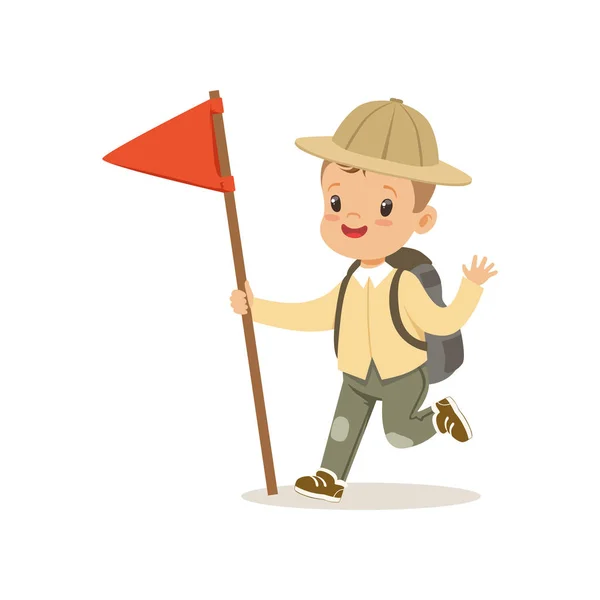 Cute little boy in scout costume with backpack and red flag, outdoor camp activity vector Illustration — Stock Vector