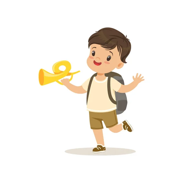 Cute little boy in scout costume blowing horn, outdoor camp activity vector Illustration — Stock Vector