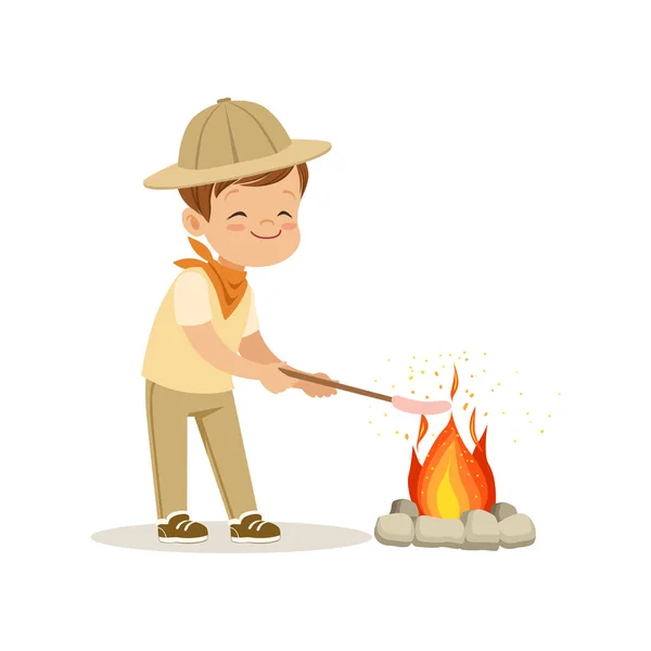 Cute little boy in scout costume frying his marshmallows on bonfire, outdoor camp activity vector Illustration — Stock Vector