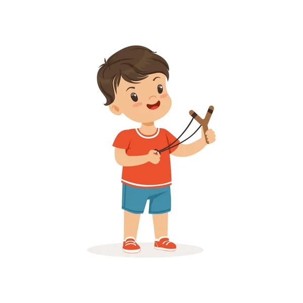 Lindo chico matón con una honda, matón niño alegre, mal comportamiento del niño vector Ilustración — Vector de stock