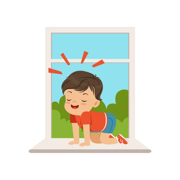 Милий маленький хлопчик, що сидить на підвіконні у відкритому вікні, веселий маленький хлопчик з капюшоном, погана поведінка дитини Векторні ілюстрації — стоковий вектор