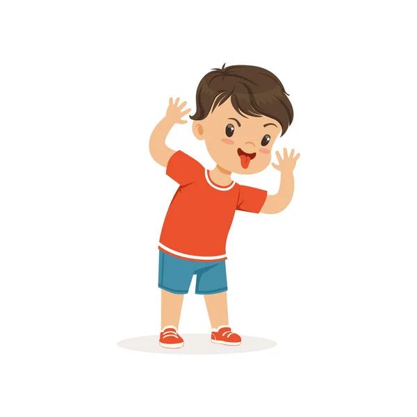 Funny bully boy grimacing, hoodlum cheerful little kid, bad child behavior vector Illustration — Stock Vector