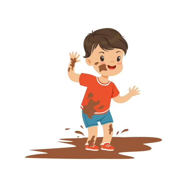 Bully ładny chłopiec skoki w brud, chuligan wesoły małe dziecko dziecko, złe zachowanie ilustracja wektorowa — Wektor stockowy