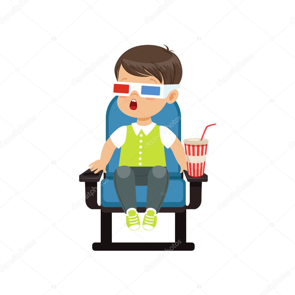 Surprised little boy in 3d glasses sitting on a blue chair and watching 3D movie in the cinema vector Illustration
