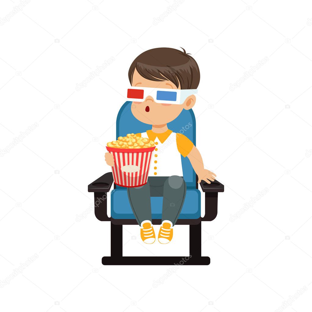 Cute astonished little boy in 3d glasses sitting on a blue chair, eating popcorn and watching 3D movie in the cinema vector Illustration