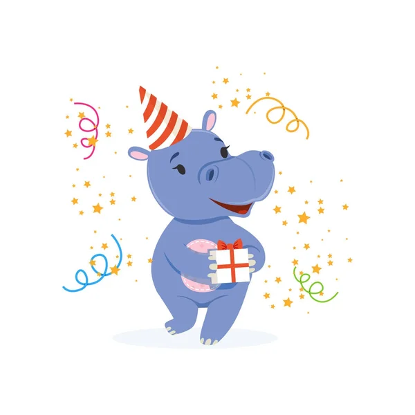Ilustracja wektorowa śmieszne dziecko hipopotam znaków w kapeluszu party przytrzymanie pudełko, afrykańskie zwierzę ładny behemoth — Wektor stockowy