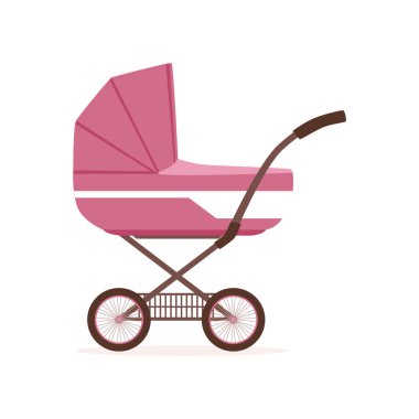Pembe bebek arabası ya da bebek arabası, çocuk vektör çizim güvenli ulaşım