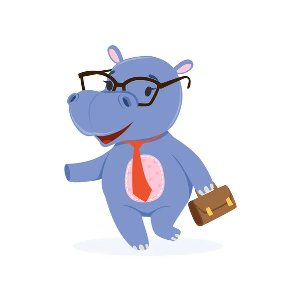 Humour bébé hippopotame homme d'affaires personnage dans des lunettes avec mallette, mignon monstre vecteur animal africain Illustration — Image vectorielle