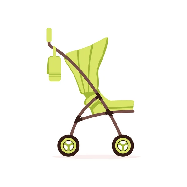 Green baby carriage, safe handle transportation of toddler vector Illustration — Stock Vector