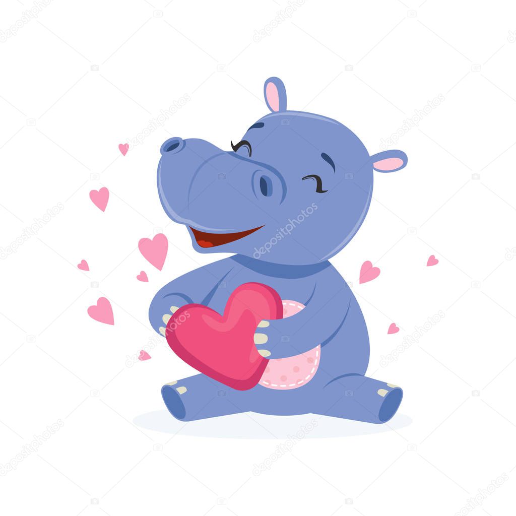 Funny happy baby hippo character sitting on the floor and holding pink heart, cute behemoth African animal vector Illustration