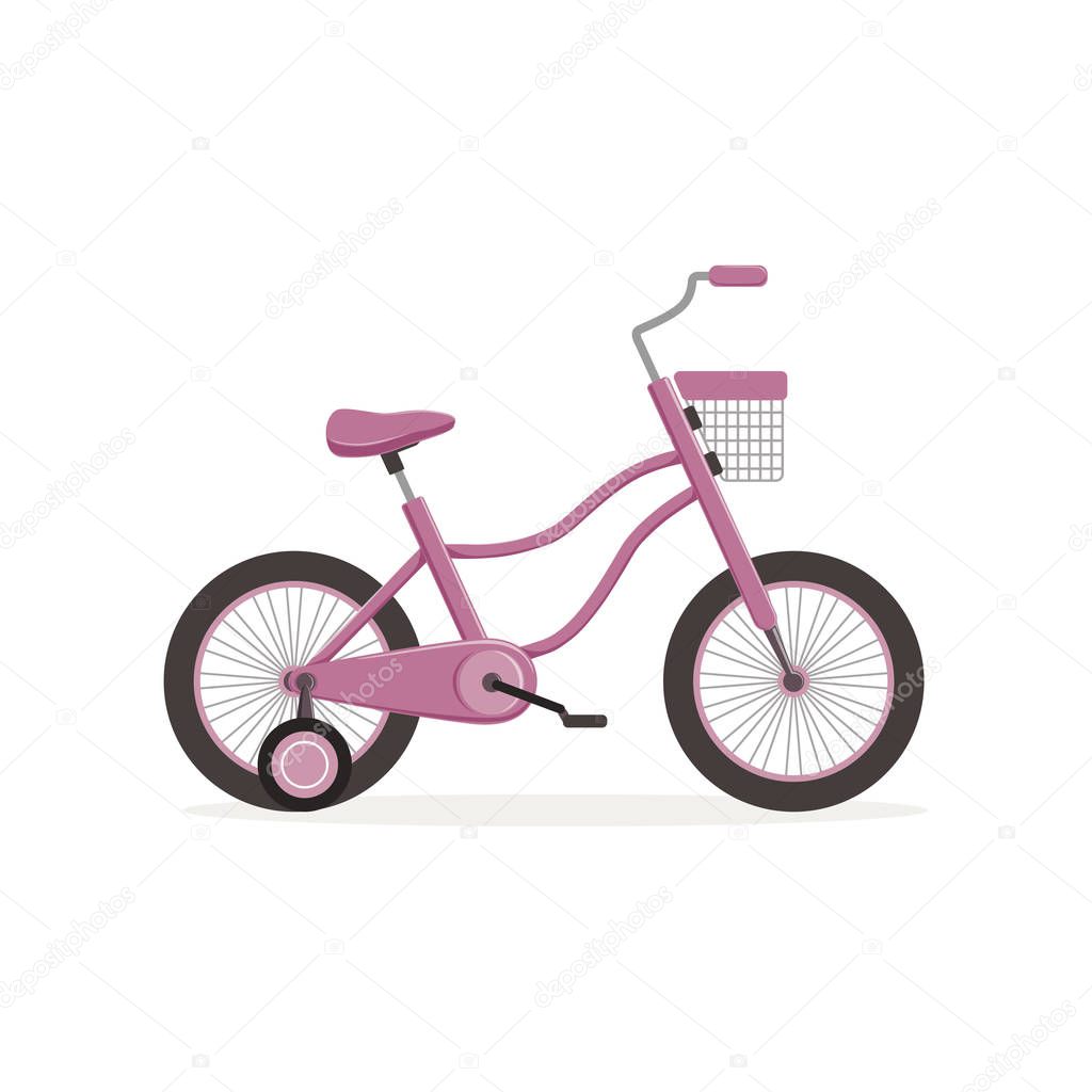 Pink bike with training wheels, kids bicycle vector Illustration