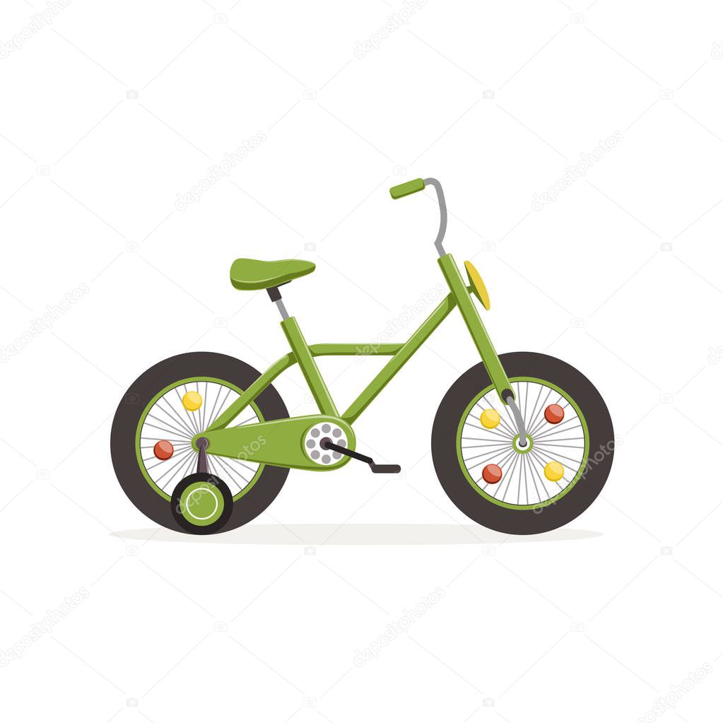 Green bike with training wheels, kids bicycle vector Illustration