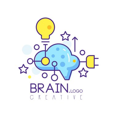 Renkli çizgi Sanat logo tasarımı bulut, ampul ve yıldız. Vektör yaratıcı hub, Geliştirme Merkezi veya akıllı teknolojiler şirket için etiket. Beyin ve açık fikirli