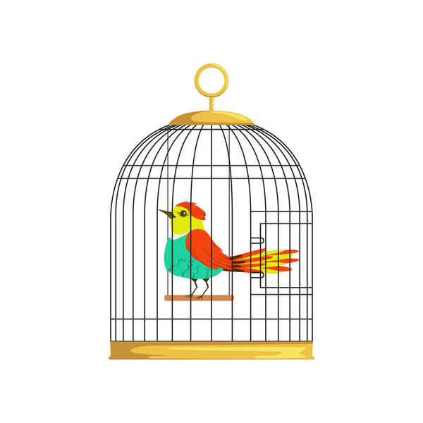 Beautiful character of colorful bird in cage. Wonderful feathered creature in hanging cell. Cartoon flat vector design for pet store, poster or flyer