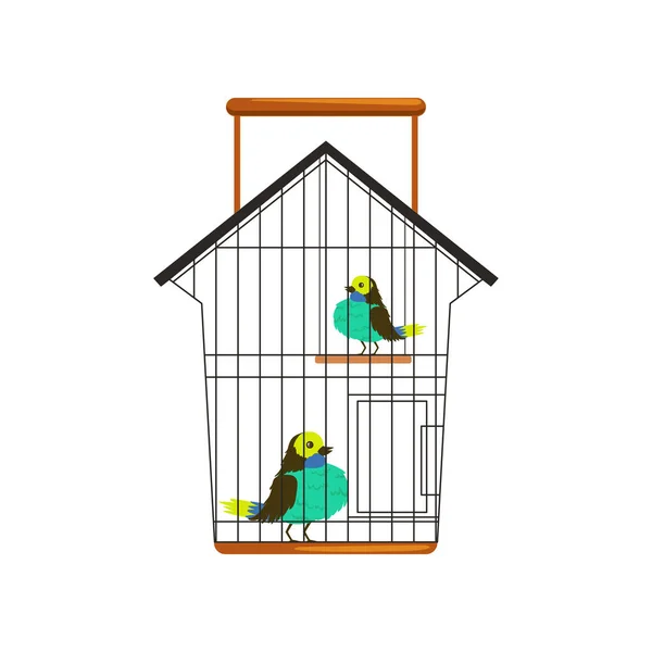 Zeichentrick-Paar niedlicher Vögel im metallischen Käfig. Der eine sitzt auf dem Boden, der andere auf einer hölzernen Schaukel. Haustiere. isolierte flache Vektorkonstruktion — Stockvektor