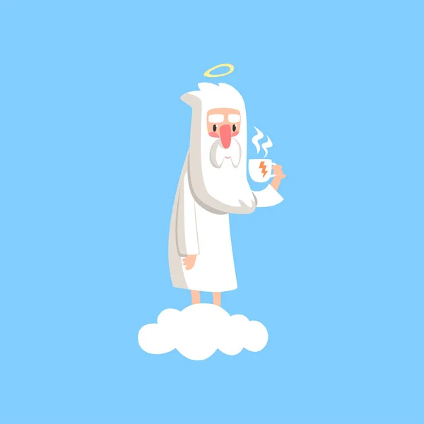 Adorable cartoon god character standing on white cloud with cup of tea. Bearded man creator with halo on his head. Flat vector — Stock Vector