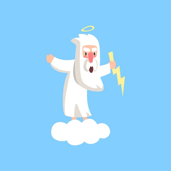 Angry god character standing on fluffy white cloud with halo over his head and lightning in the hand. Flat vector isolated on blue background. — Stock Vector