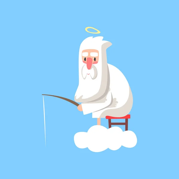 God character in action. Lord sitting on cloud with halo over his head and fishing. Christian theme cartoon style illustration. Flat vector isolated on blue. — Stock Vector