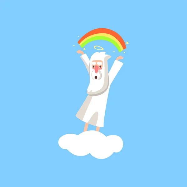 Creator cartoon character in action on white cloud. Smiling god creating a rainbow. Religious flat vector illustration for book, card, poster or badge. — Stock Vector