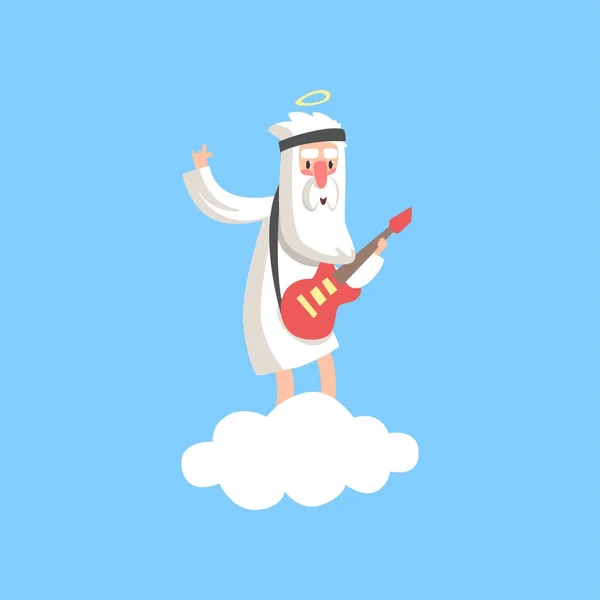 Kabarık beyaz bulut üzerinde duran ve gitar çalmak mutlu Tanrı karakter. Hıristiyan dini Tema. Düz vektör üzerinde mavi arka plan izole. — Stok Vektör