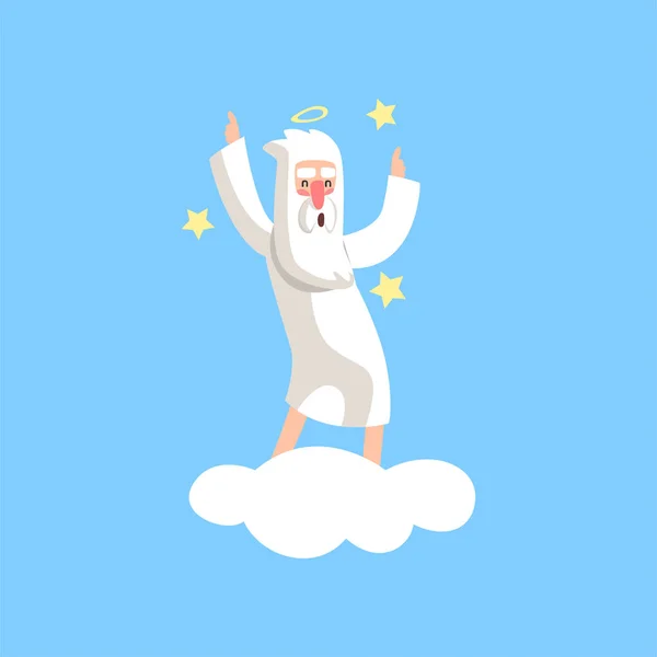 Happy bearded god character dancing on white cloud surrounded with stars. Illustration for religious greeting card, poster or print. Flat vector isolated on blue. — Stock Vector