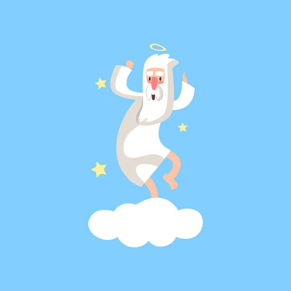 Happy bearded god character having fun. Almighty creator with halo dancing on white cloud surrounded with stars. Flat vector isolated on blue. — Stock Vector