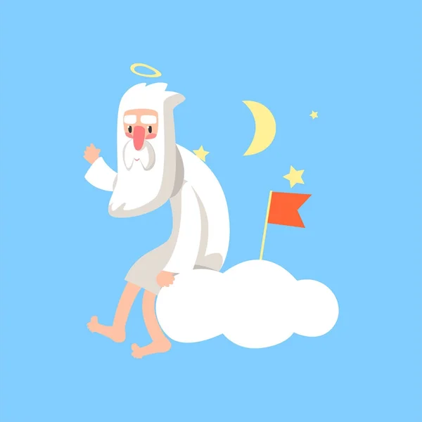 Illustration of bearded god character sitting on white cloud and surrounded with night stars, moon and red flag. Flat vector isolated on blue. — Stock Vector