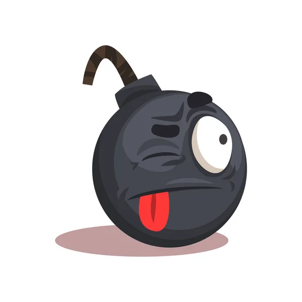 Flache Vektorkonstruktion von Bomben-Emojis. Gesicht mit zwinkerndem Auge und roter herausgestreckter Zunge. Zeichentrickgrafik-Element für mobile App, Aufkleber für soziale Netzwerke oder Print — Stockvektor