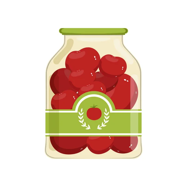 Cartoon glass jar of red marinated tomatoes. Bank with vegetable on brand label. Canned food. Ingredients for cooking. Flat vector design for poster or flyer — Stock Vector
