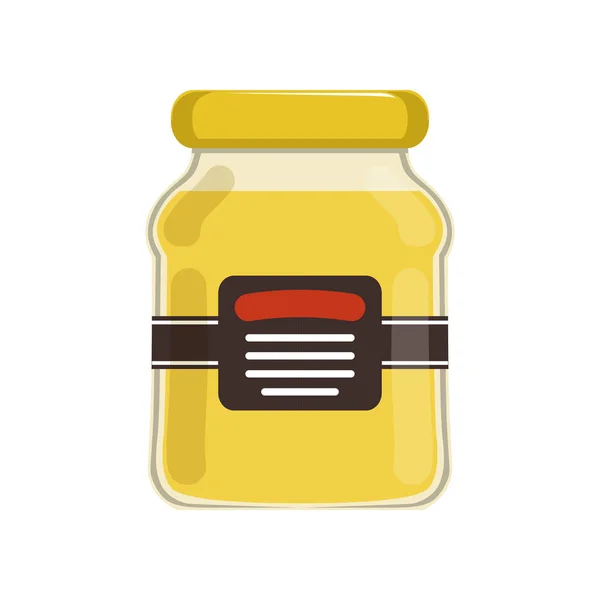 Κινούμενα σχέδια γυάλινο βάζο με φυσικό μέλι. Τράπεζα με εμπορικό σήμα. Γλυκές γεύσεις. Βιολογικό προϊόν από το αγρόκτημα του μελισσοκομείου. Διάνυσμα επίπεδη σχεδίαση για διαφημιστικό φυλλάδιο ή αφίσα — Διανυσματικό Αρχείο