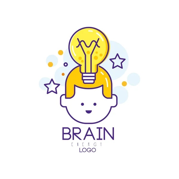 Design de logotipo vetorial linear com cabeça de criança, lâmpada e estrelas. Educação infantil. Conceito de pensamento e ideia criativa. Símbolo de energia cerebral. Geração de conhecimento. Crianças desenvolvimento precoce —  Vetores de Stock