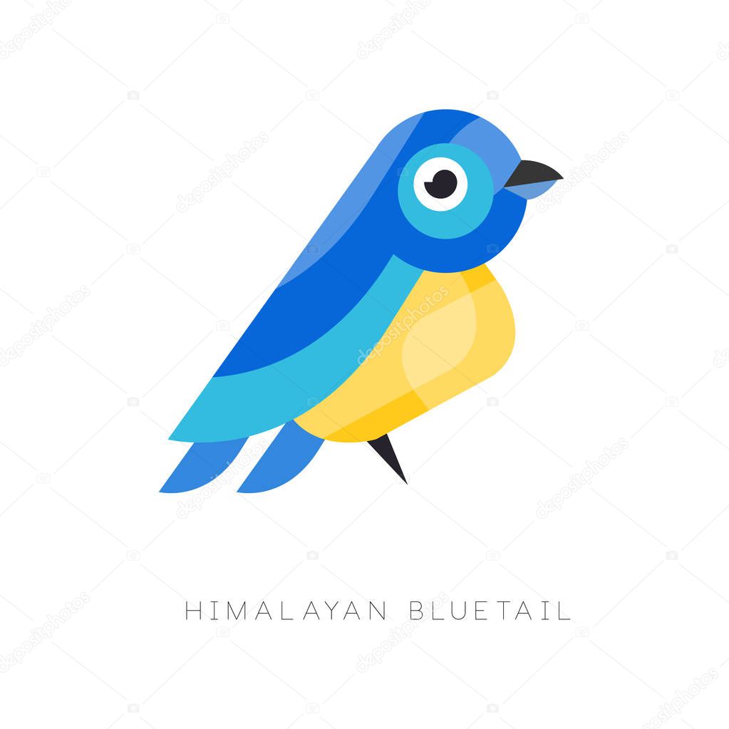 Illustration of himalayan bluetail. Colorful bird made from geometric figures. Simple icon in flat style. Vector design for company logo, pet shop, print