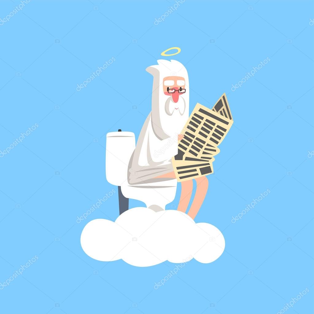 God on white cloud with halo over his head sitting on the toilet and reading newspaper. Christian religious theme. Flat vector isolated on blue background.