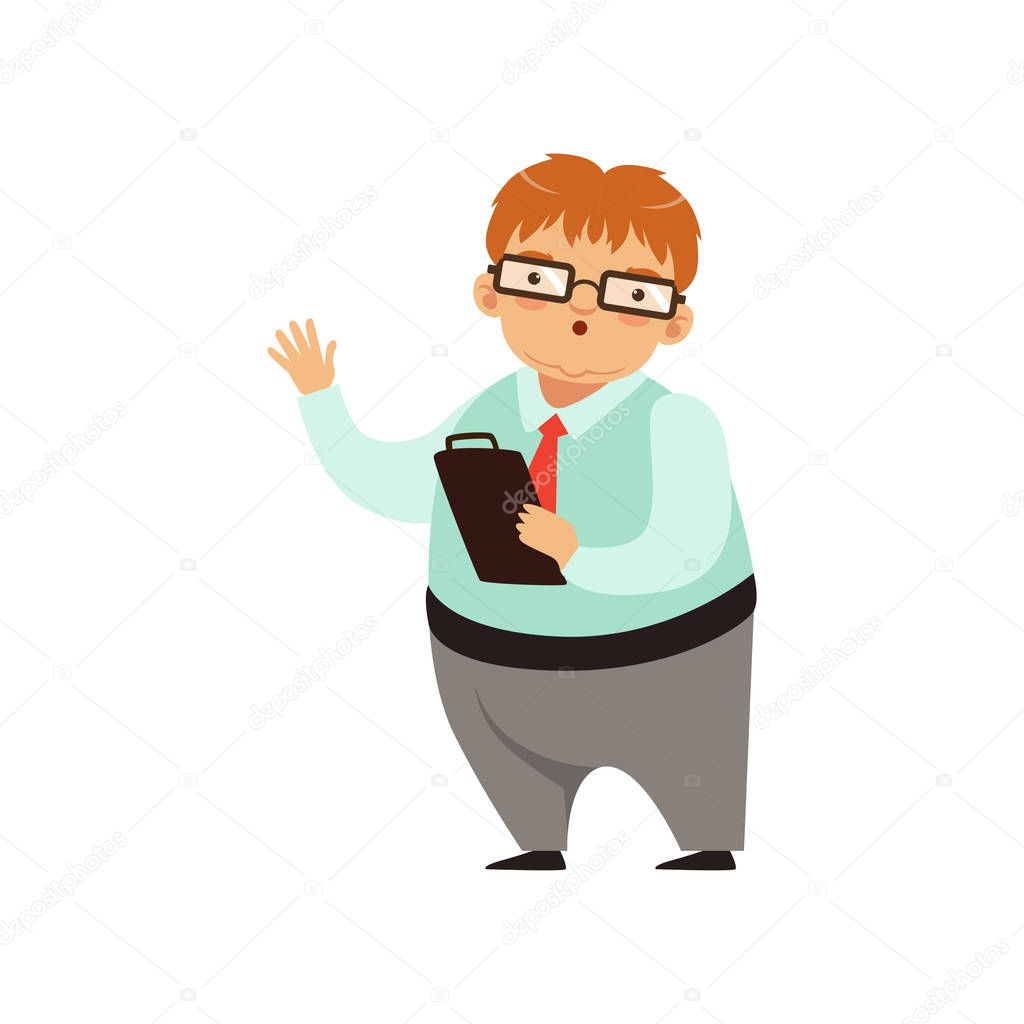 Cartoon Nerd Character Standing With Paper Tablet In Hand Fat Man In Glasses Blue Shirt Gray Pants And Red Tie Smart Person With Surprised Face Expression Isolated Flat Vector Illustration Premium