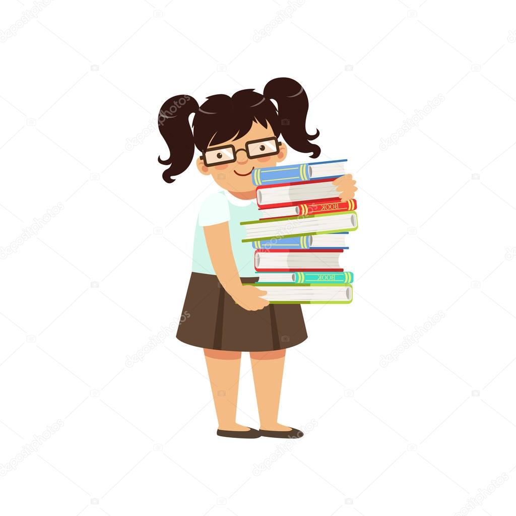Funny fat boy carrying stack of books. Nerd female character with two pony tails in glasses, blouse and skirt. Smart kid in library. Flat vector design