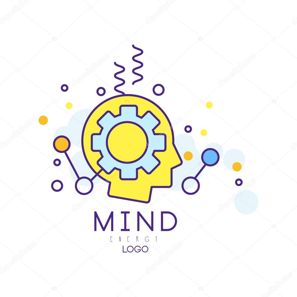 Silhouette of human head with gear. Process of generating ideas, thinking and making decisions. Colorful mind energy symbol. Vector logo for creative hub or business company