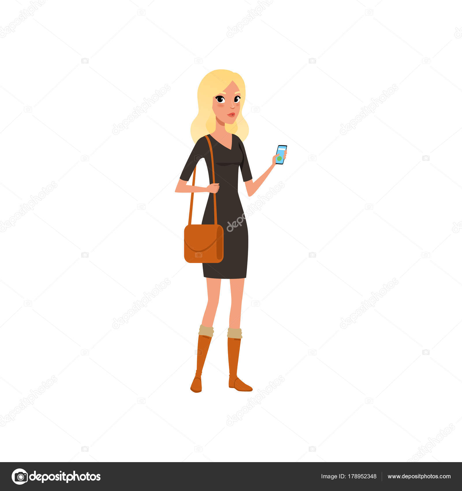 In De Smartphone Kaukasische Mooie Blond Vrouw HandCartoon Met cFTKJl1