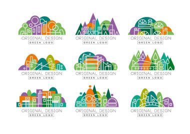 Yeşil logo özgün tasarım ayarla, soyut organik tasarım öğeleri çizimler vektör