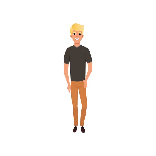 Bonito loiro posando isolado no branco. Personagem de desenho animado de jovem vestindo t-shirt preta e jeans laranja. Retrato de comprimento total. Projeto vetorial plano —  Vetores de Stock