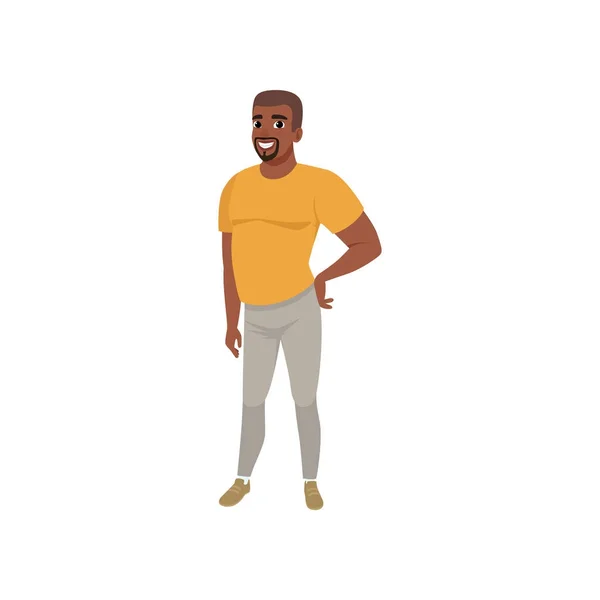 Ενηλίκων γενειοφόρος άνδρας αφροαμερικάνικης θέτοντας απομονωθεί σε λευκό φόντο. Καρτούν χαρακτήρα του λίπους αρσενικό σε πορτοκαλί μπλουζάκι και γκρι παντελόνι. Απομονωμένες επίπεδη διανυσματικό σχέδιο — Διανυσματικό Αρχείο