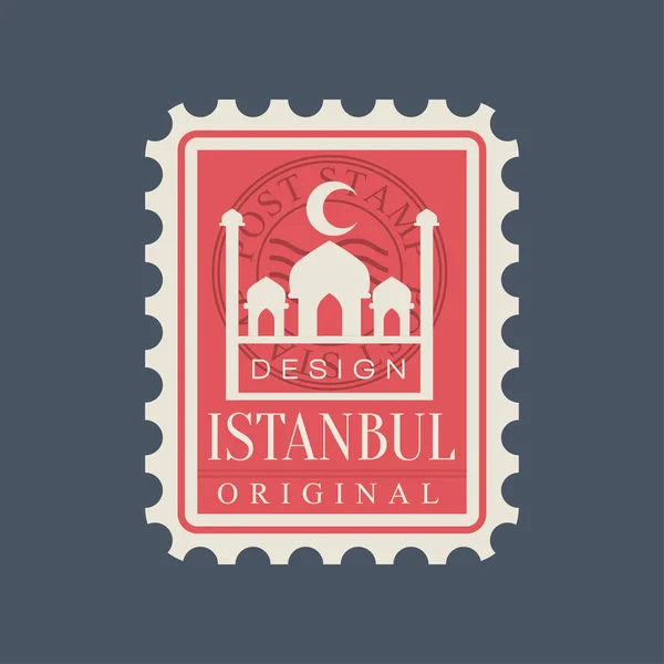 Sello postal rectangular de la ciudad de Estambul con silueta de Mezquita Azul. Símbolo con famoso punto de referencia turco. Icono original de diseño de vector plano en color rojo — Vector de stock
