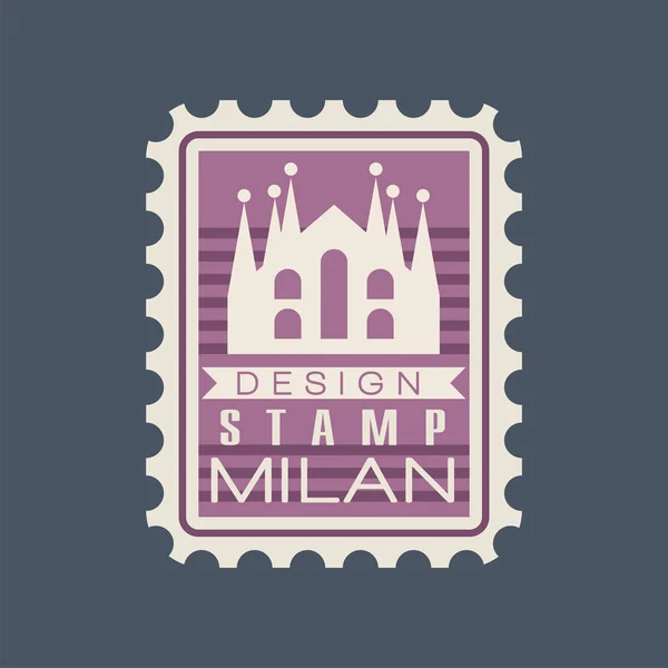 Ursprungliga rektangulära poststämpel med Milanos katedral. Logga med italienska monument. Symbolen med historisk byggnad. Världen berömda landmärke. Flat vektor design — Stock vektor