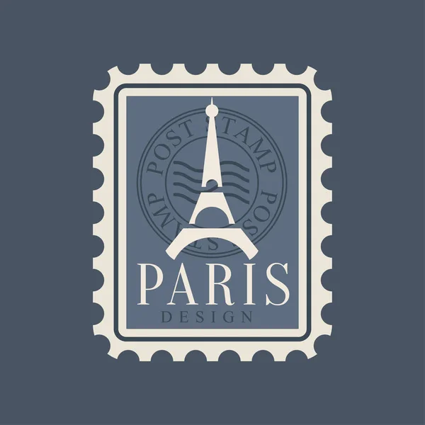 Torre Eiffel silhueta em selo postal da França. Símbolo da cidade de Paris. Design original com famoso marco da Europa. Ilustração vetorial plana — Vetor de Stock