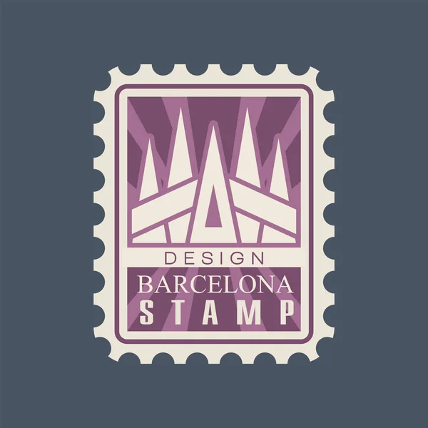 Carimbo postal retangular da cidade de Barcelona com catedral da Sagrada Família. Famoso marco arquitetônico. Ícone criativo na cor roxa. Projeto vetorial plano — Vetor de Stock