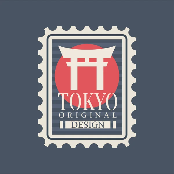 Modelo de selo postal com o marco mais famoso de Tóquio. Símbolo do portão Torii no círculo vermelho. Capital do Japão. Conceito de viagem. Projeto vetorial plano — Vetor de Stock